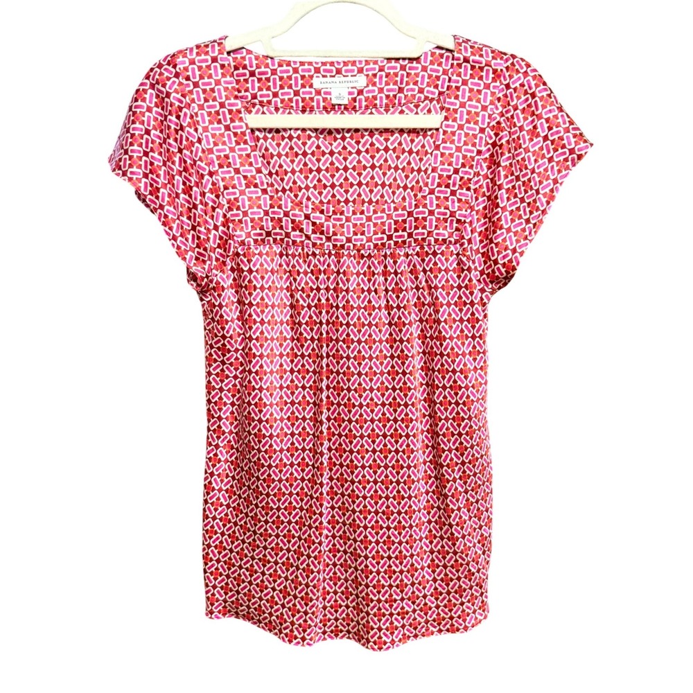 Banana Republic Pink Red Geometric 100% Silk Square Neck Blouse Sz S Vintage
